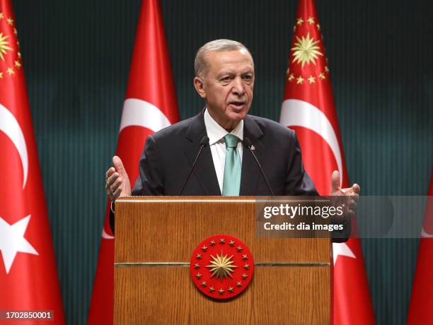 President Recep Tayyip Erdoğan during a press statement after the cabinet meeting on September 25, 2023 in Ankara, Turkey.