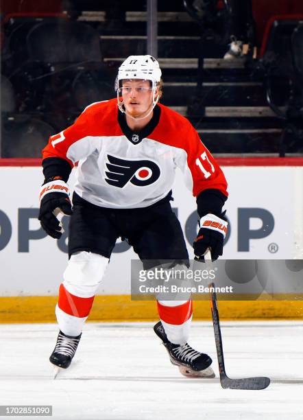 Wade Allison of the Philadelphia Flyers skates against the New Jersey Devils at a preseason game at the Prudential Center on September 25, 2023 in...