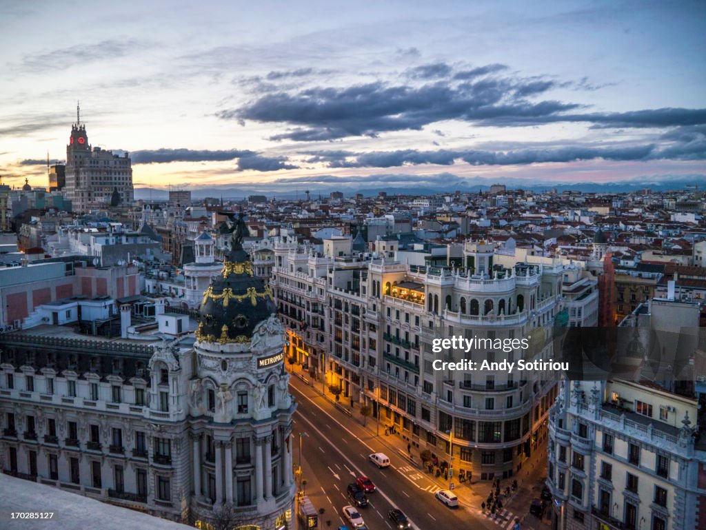 Madrid skyline, Gran Vía at dusk