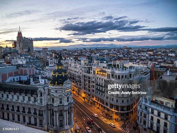 madrid skyline, gran vía at dusk - traditionally spanish stock pictures, royalty-free photos & images