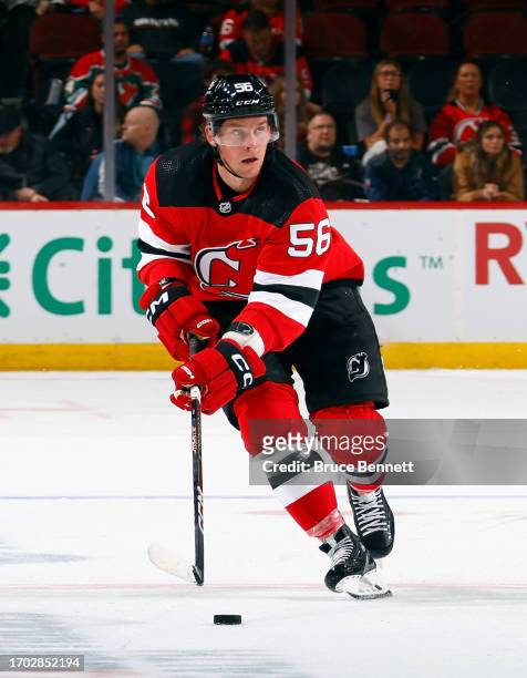 Erik Haula of New Jersey Devils skates against the Philadelphia Flyers at a preseason game at the Prudential Center on September 25, 2023 in Newark,...