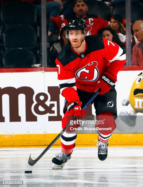 Dougie Hamilton of New Jersey Devils skates against the Philadelphia Flyers at a preseason game at the Prudential Center on September 25, 2023 in...