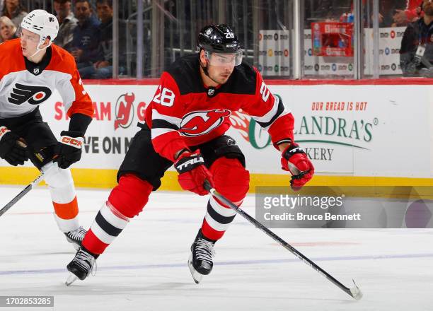 Timo Meier of New Jersey Devils skates against the Philadelphia Flyers at a preseason game at the Prudential Center on September 25, 2023 in Newark,...