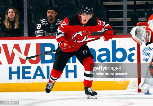 Tyce Thompson of New Jersey Devils skates against the Philadelphia Flyers at a preseason game at the Prudential Center on September 25, 2023 in...