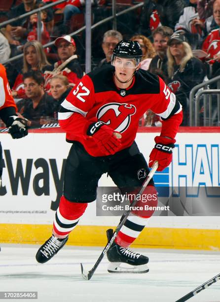 Cal Foote of New Jersey Devils skates against the Philadelphia Flyers at a preseason game at the Prudential Center on September 25, 2023 in Newark,...