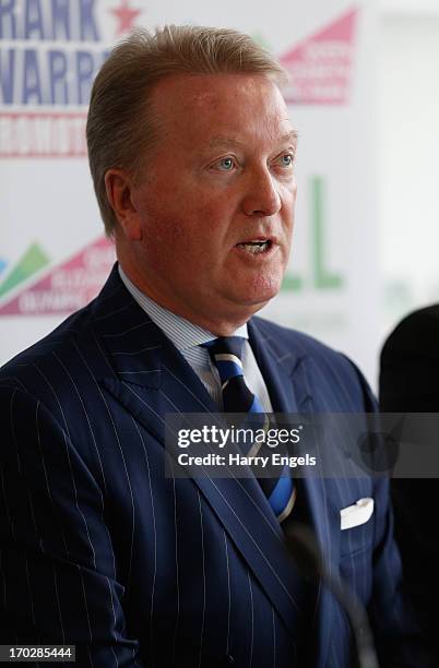Frank Warren speaks to members of the media during a press conference with boxing promoter Frank Warren at the London Legacy Development Corporation...