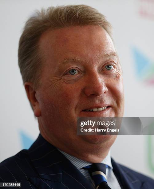 Frank Warren speaks to members of the media during a press conference with boxing promoter Frank Warren at the London Legacy Development Corporation...