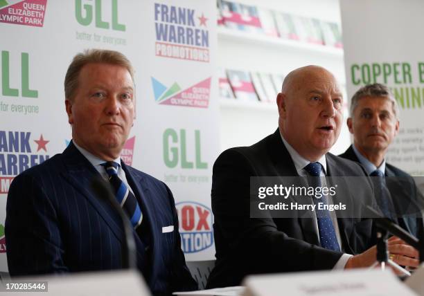 Frank Warren, Phil Lane and Peter Bundey speak during a press conference with boxing promoter Frank Warren at the London Legacy Development...