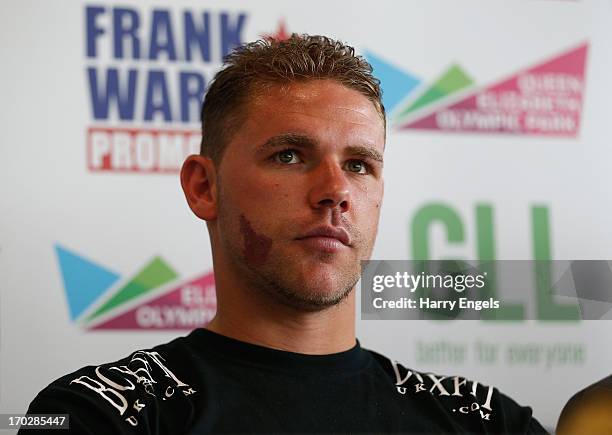 Boxer Billy Joe Saunders speaks during a press conference with boxing promoter Frank Warren at the London Legacy Development Corporation on June 10,...