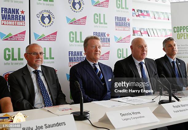 Dennis Hone, Frank Warren, Phil Lane and Peter Bundey speak during a press conference with boxing promoter Frank Warren at the London Legacy...