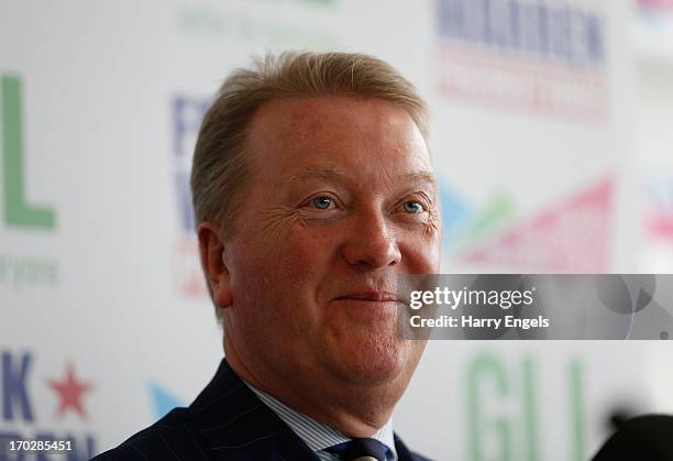 Frank Warren speaks to members of the media during a press conference with boxing promoter Frank Warren at the London Legacy Development Corporation...