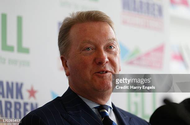 Frank Warren speaks to members of the media during a press conference with boxing promoter Frank Warren at the London Legacy Development Corporation...