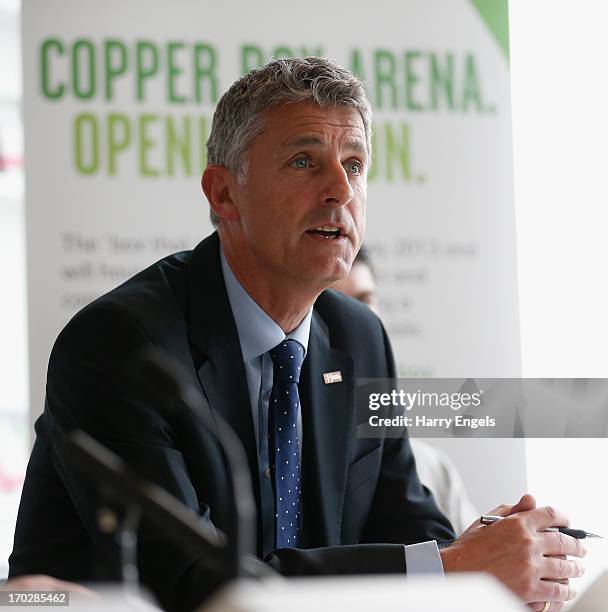 Peter Bundey from GLL speaks during a press conference with boxing promoter Frank Warren at the London Legacy Development Corporation on June 10,...