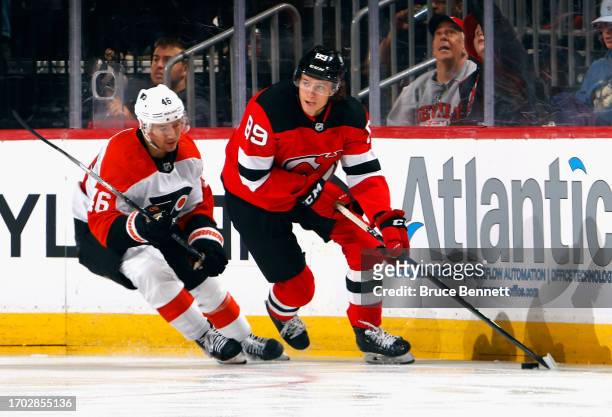 Josh Filmon of New Jersey Devils skates against the Philadelphia Flyers at a preseason game at the Prudential Center on September 25, 2023 in Newark,...