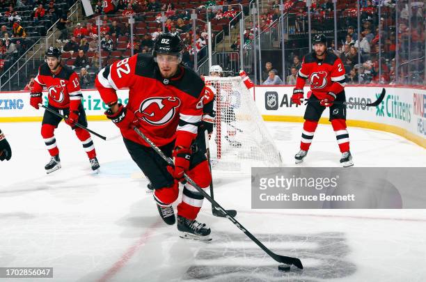 Santeri Hatakka of New Jersey Devils skates against the Philadelphia Flyers at a preseason game at the Prudential Center on September 25, 2023 in...
