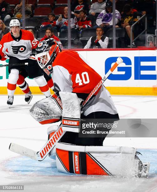 Cal Petersen of Philadelphia Flyers tends net against the New Jersey Devils at a preseason game at the Prudential Center on September 25, 2023 in...