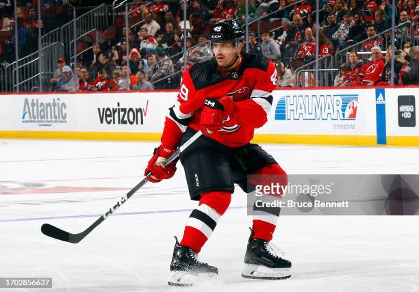 Ryan Schmelzer of New Jersey Devils skates against the Philadelphia Flyers at a preseason game at the Prudential Center on September 25, 2023 in...