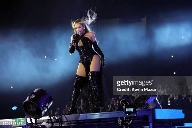 Beyoncé performs onstage during the "RENAISSANCE WORLD TOUR" at GEHA Field at Arrowhead Stadium on October 01, 2023 in Kansas City, Missouri.