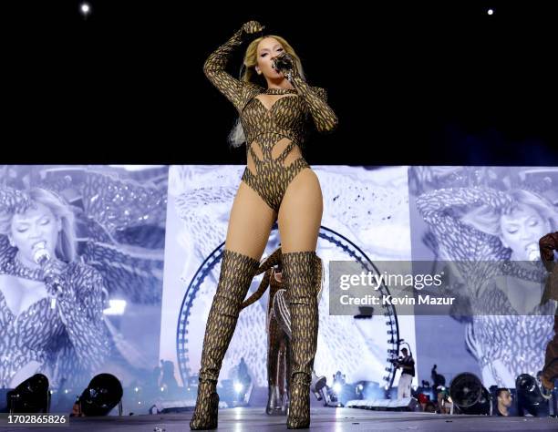 Beyoncé performs onstage during the "RENAISSANCE WORLD TOUR" at GEHA Field at Arrowhead Stadium on October 01, 2023 in Kansas City, Missouri.