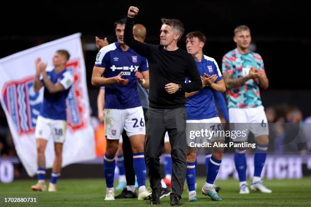 Kieran McKenna, Head Coach of Ipswich Town, celebrates following the team's victory during the Carabao Cup Third Round match between Ipswich Town and...