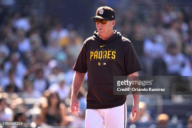 Manager Bob Melvin of the San Diego Padres looks on against the St. Louis Cardinals at PETCO Park on September 24, 2023 in San Diego, California.