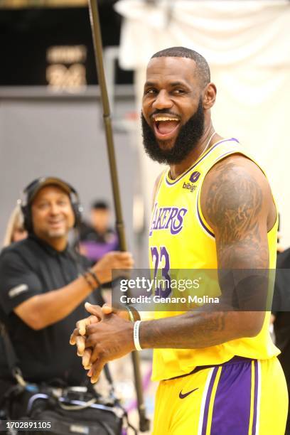 Los Angeles Lakers star LeBron James enjoys a light moment during Los Angeles Lakers Media Day at the UCLA Health Training Center in El Segundo on...