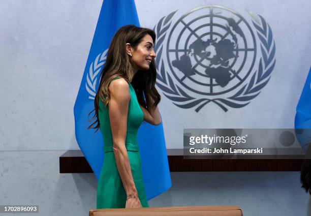 Amal Clooney, Barrister and Co-Founder and Co-President of the Clooney Foundation for Justice meets with UN Secretary-General Antonio Guterres during...