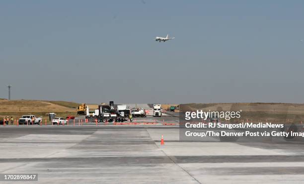 Crews work on updates at Denver International Airport on September 26, 2023 in Denver, Colorado. Transportation Secretary Pete Buttigieg visited DIA...