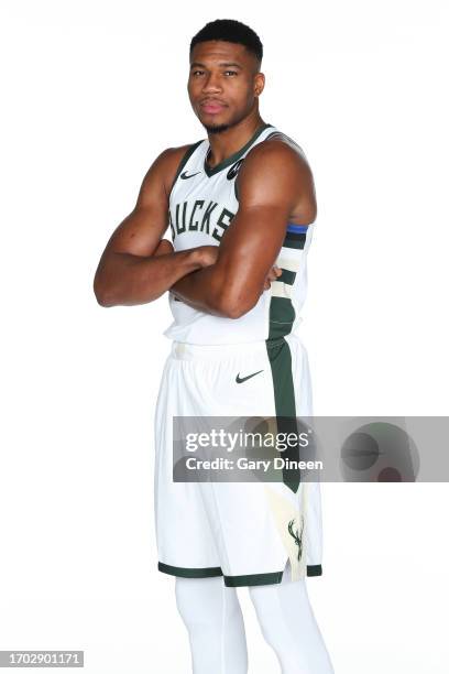 Giannis Antetokounmpo of the Milwaukee Bucks poses for a portrait during 2023-24 NBA Media Day on October 02, 2023 at the Froedtert & Medical Science...