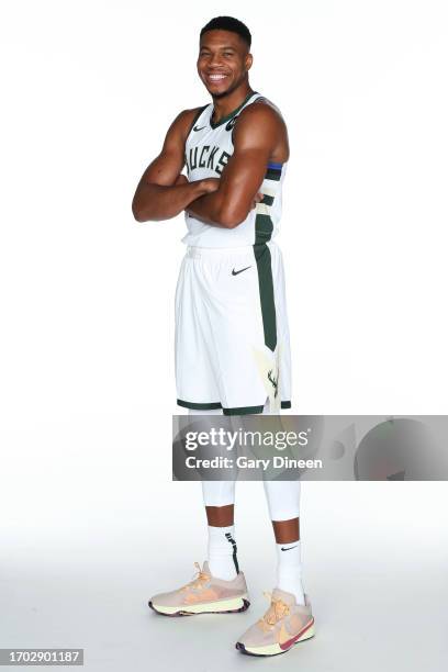 Giannis Antetokounmpo of the Milwaukee Bucks poses for a portrait during 2023-24 NBA Media Day on October 02, 2023 at the Froedtert & Medical Science...