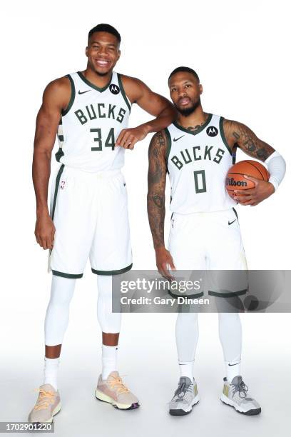 Giannis Antetokounmpo and Damian Lillard of the Milwaukee Bucks pose for a portrait during 2023-24 NBA Media Day on October 02, 2023 at the Froedtert...