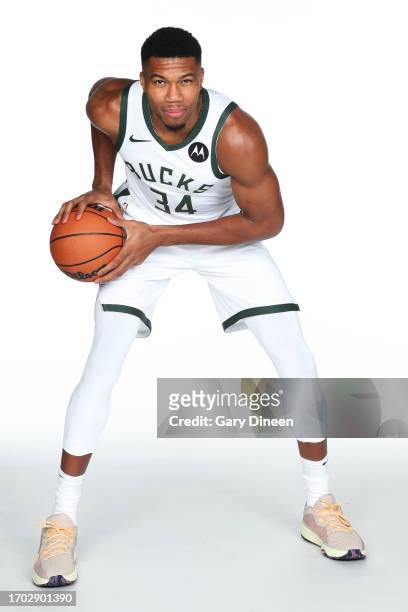 Giannis Antetokounmpo of the Milwaukee Bucks poses for a portrait during 2023-24 NBA Media Day on October 02, 2023 at the Froedtert & Medical Science...