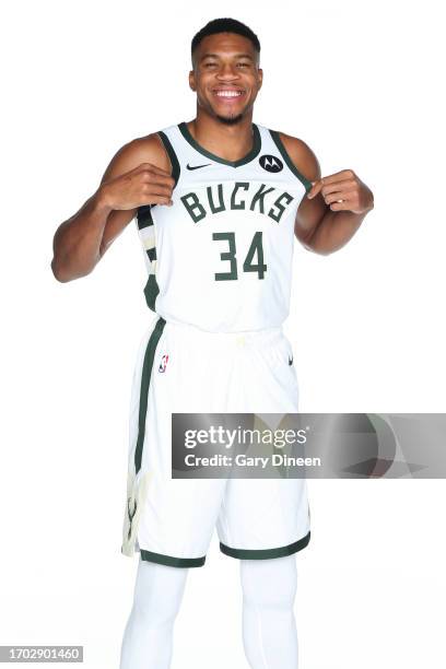 Giannis Antetokounmpo of the Milwaukee Bucks poses for a portrait during 2023-24 NBA Media Day on October 02, 2023 at the Froedtert & Medical Science...
