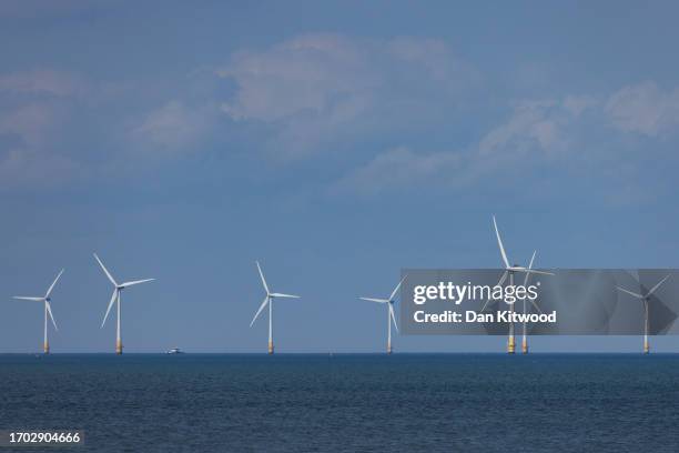 The Kentish Flats Offshore Wind Farm off the coast on September 26, 2023 in Herne Bay, United Kingdom.