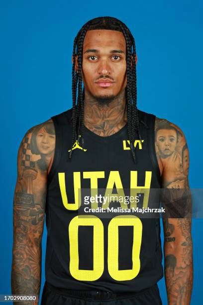 Jordan Clarkson of the Utah Jazz poses for a head shot during media day at Zions Bank Basketball Ball Center on October 02, 2023 in Salt Lake City,...