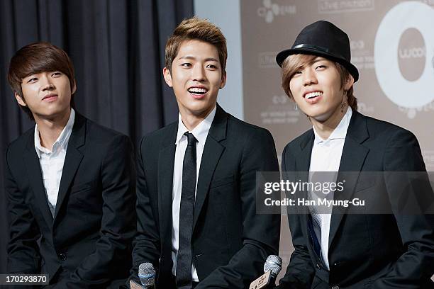 Woo Hyun, Sung Yeol and Dong Woo of South Korean boy band Infinite during the 2013 Infinite 1st World Tour 'One Great Step' Press Conference on June...