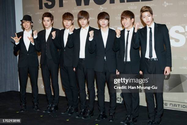 Dong Woo, Sung Jong, Sung Kyu, L. Kim, Woo Hyun, Hoya and Sung Yeol of South Korean boy band Infinite during the 2013 Infinite 1st World Tour 'One...