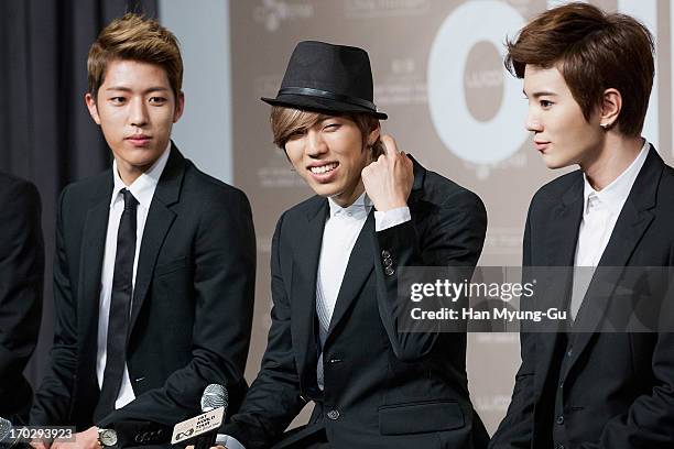 Sung Yeol, Dong Woo and Sung Jong of South Korean boy band Infinite during the 2013 Infinite 1st World Tour 'One Great Step' Press Conference on June...