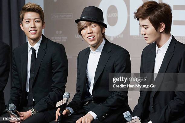 Sung Yeol, Dong Woo and Sung Jong of South Korean boy band Infinite during the 2013 Infinite 1st World Tour 'One Great Step' Press Conference on June...