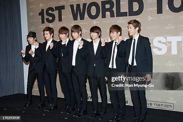 Dong Woo, Sung Jong, Sung Kyu, L. Kim, Woo Hyun, Hoya and Sung Yeol of South Korean boy band Infinite during the 2013 Infinite 1st World Tour 'One...