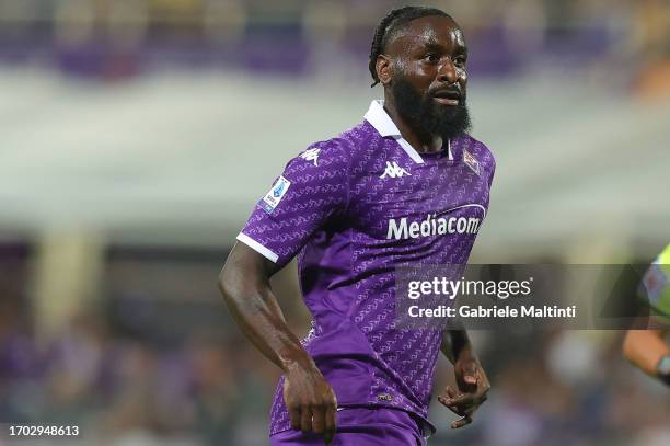 Bala Nzola of ACF Fiorentina in action during the Serie A TIM match between ACF Fiorentina and Cagliari Calcio at Stadio Artemio Franchi on October...