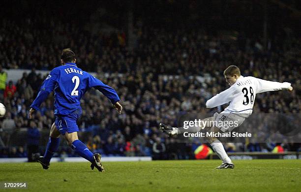 James Milner of Leeds scores the second goal during the Leeds United v Chelsea FA Barclaycard Premiership match at Elland Road on December 28, 2002...