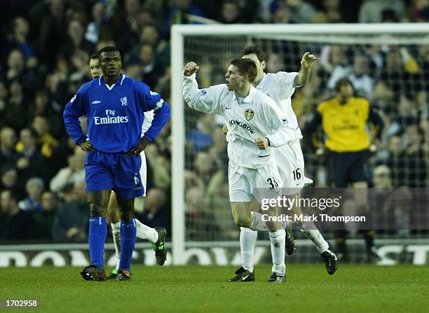 James Milner of Leeds celebrates after scoring the second goal during the Leeds United v Chelsea FA Barclaycard Premiership match at Elland Road on...