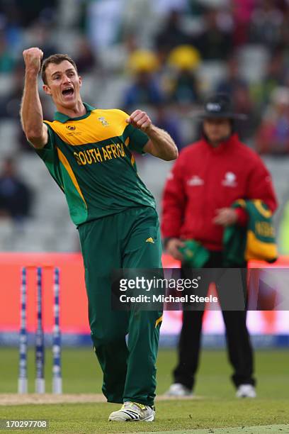 Ryan McLaren of South Africa celebrates taking the last wicket of Junaid Khan of Pakistan during the ICC Champions Trophy Group B match between...