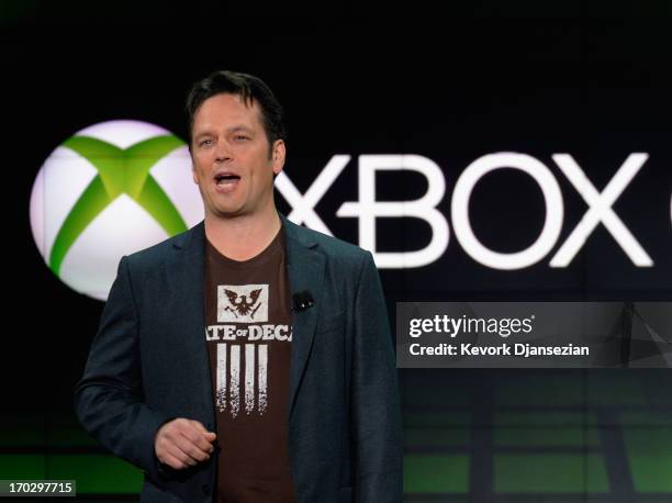 Phil Spencer, vice president of Microsoft Game Studios at Microsoft Corp. Speaks during Microsoft Xbox news conference at the Electronic...