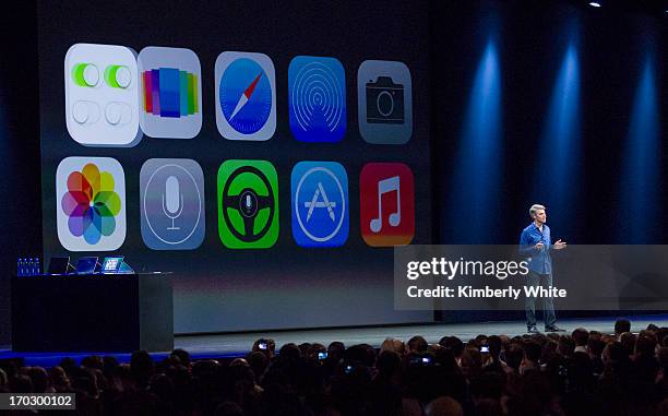 Apple's Craig Federighi, Vice President of Software Engineering, introduces iOS7 at a keynote address during the 2013 Apple WWDC at the Moscone...