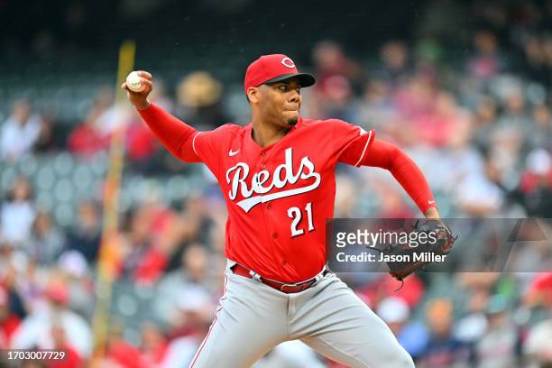 Starting pitcher Hunter Greene of the Cincinnati Reds pitches during the first inning against the Cleveland Guardians at Progressive Field on...