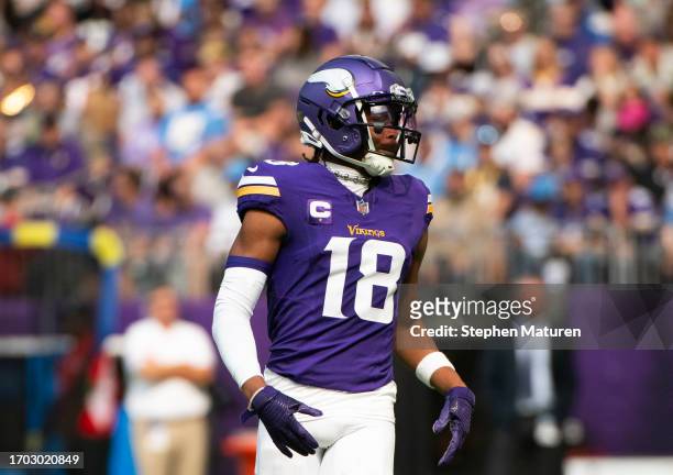 Justin Jefferson of the Minnesota Vikings lines up for a play in the first quarter of the game against the Los Angeles Chargers at U.S. Bank Stadium...