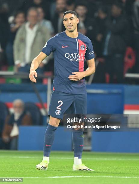 Achraf Hakimi of Paris Saint Germain celebrates his goal during the Ligue 1 Uber Eats match between Paris Saint-Germain and Olympique de Marseille at...