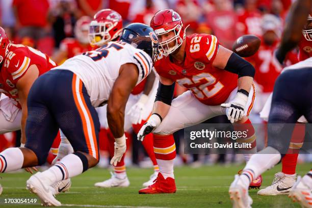 Joe Thuney of the Kansas City Chiefs blocks during the third quarter against the Chicago Bears at GEHA Field at Arrowhead Stadium on September 24,...